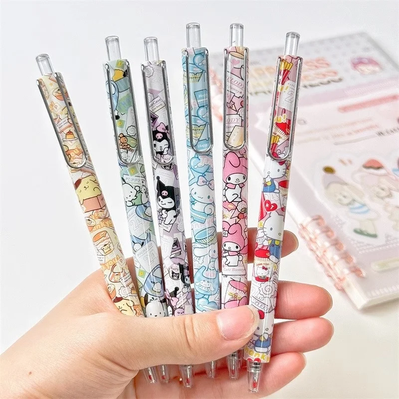 

24pcs/lot Sanrio Kuromi Melody Cinnamoroll Kitty Gel Pen Cute Pochacco 0.5mm Black Ink Press Signature Pens School Supplies