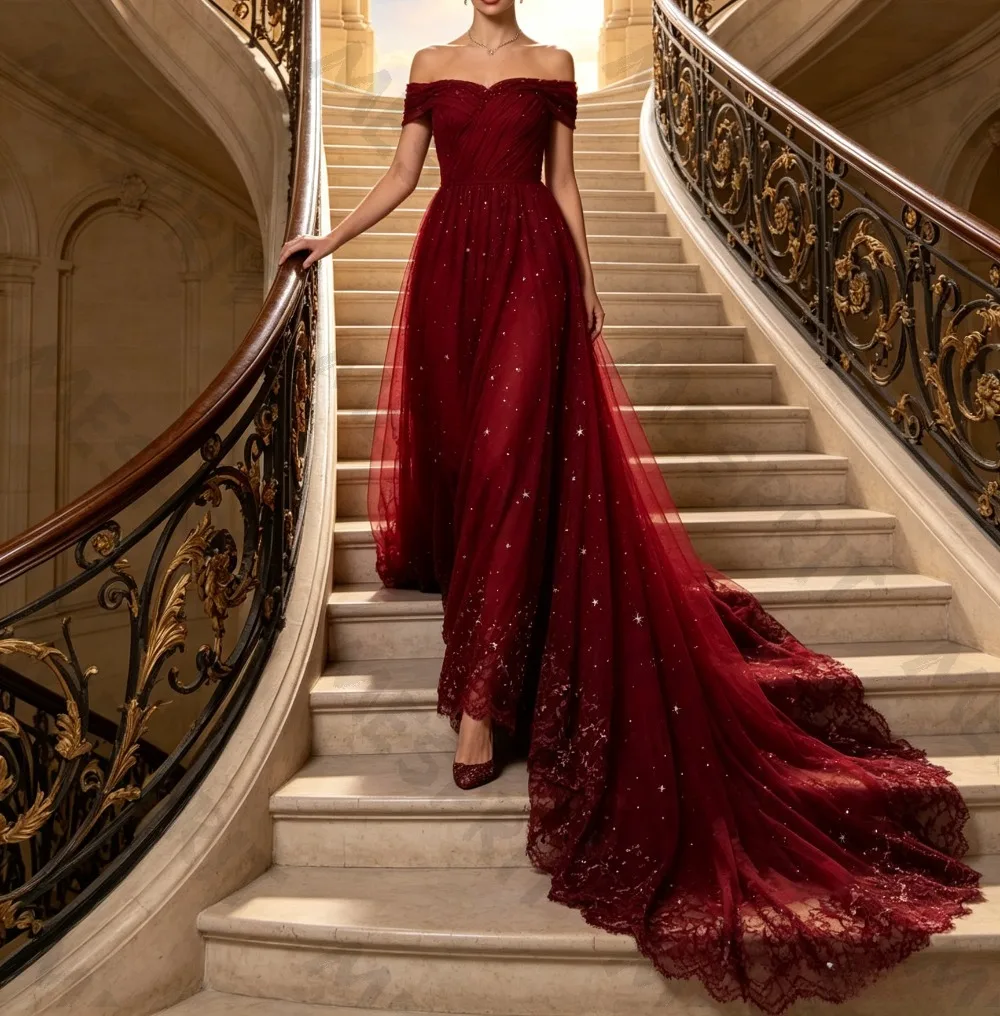 Customized Luxury Off The Shoulder Straight Evening Gowns with Sequins Beaded Mesh Trailing Effect Formal Banquet Party Dresses
