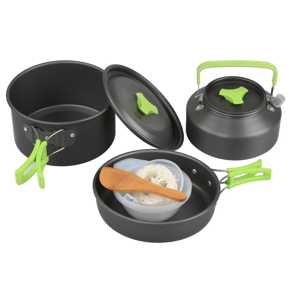 9Pcs Outdoor Camping Cookware Kit With Cooking Pot Frying Pan Kettle Plastic Bowl Spoon Rice Shovel Loofah Pouch