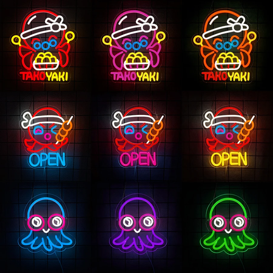Takoyaki Neon Sign for Wall Decor,LED Open Neon Light for Japanese Street Food Shop,Kitchen,Restaurant,Sushi Bar Decoration