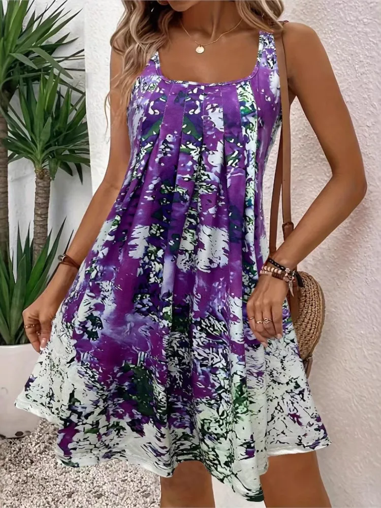 Abito da donna con stampa floreale Moda senza maniche Colletto quadrato Abiti larghi per le donne Casual Boho Holiday Beach Gonna Abbigliamento da donna