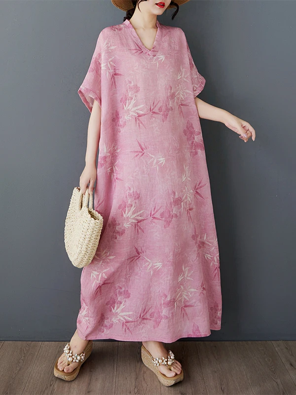 

Summer Cotton Linen Loose Casual V-ne ort Sve Women's Dr Pink Comfortable Loose Fit Long Dr for plus Size