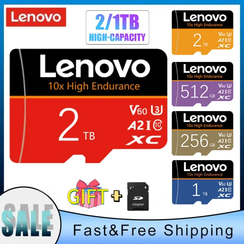 Lenovo-Cartão de Memória Flash para Câmera DSLR, Micro TF, Cartão SD, Full HD, Alta Velocidade, A1 2TB, V60, 1TB, 512GB, Classe 10, U3, 4K