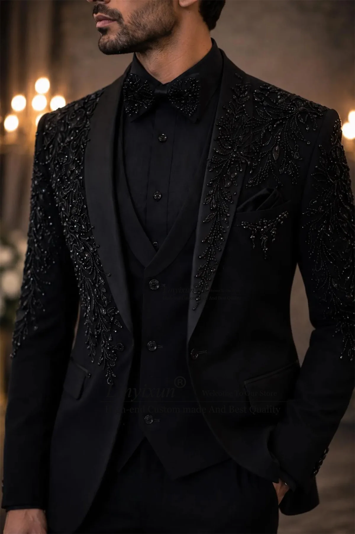 

Sparkly Diamond Crystal Men Suits 3 Pieces Sets Party Prom Blazer Customized Costume Homme Slim Fit Shawl Lapel Groom Tuxedo