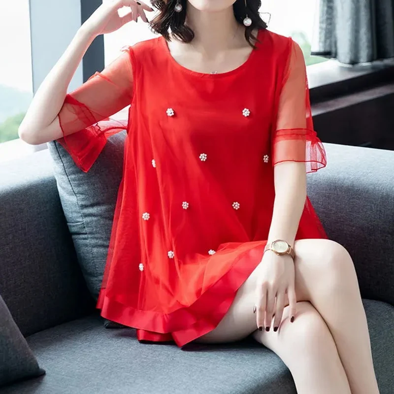 Elegant Fashion Solid Embroidered Flares Gauze Shirt Summer 2023 Commute O-Neck Short Sleeve Loose Oversized Tops Women Clothing