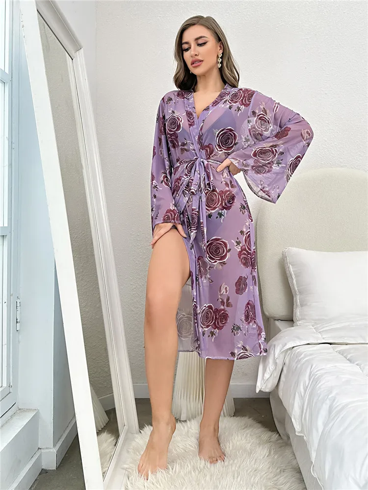 Summer Autumn Women\'s Bathrobe Print Belted Bridesmaid Robe Open Side Long Night Gown Mesh Nightie