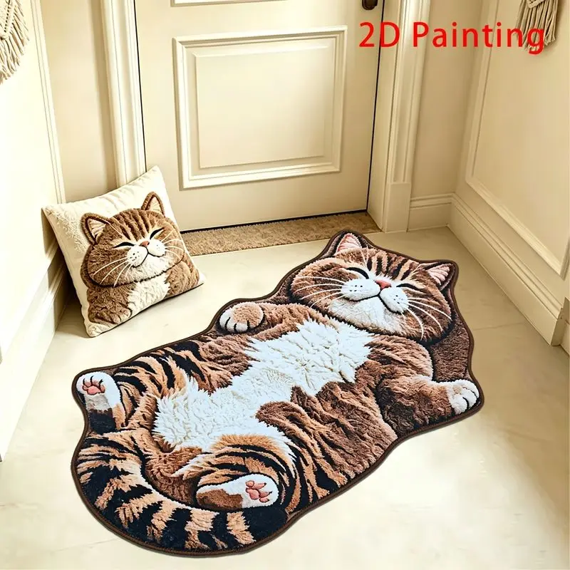 VIKAMA Lazy Tiger Spotted Cat Shaped Plush Rug - Cute Cartoon Non-Slip Absorbent Floor Mat for Bedroom, Bathroom, Living Room