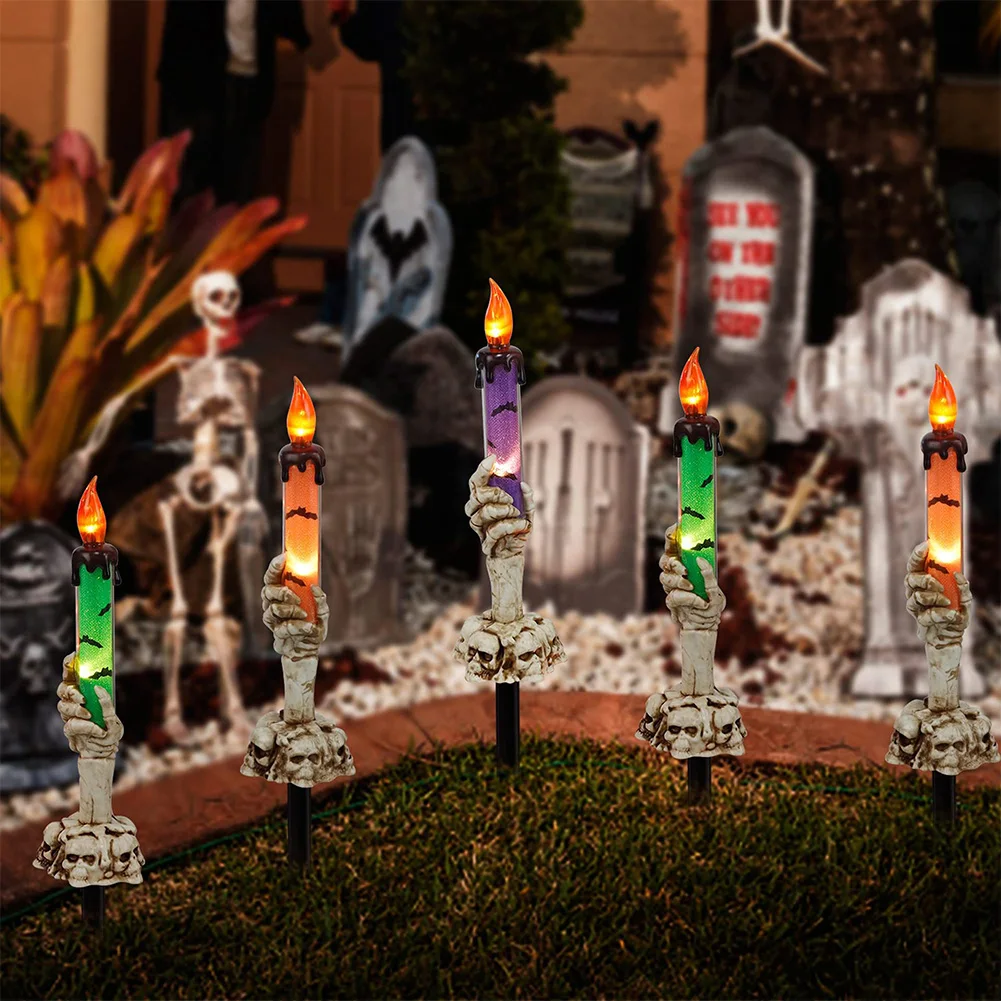 Décorations de lampe à bougie sans flamme, lampe de tête de mort solaire, fournitures de décoration de fête de jardin, artisanat d'Halloween, 6 modules, mains de squelette