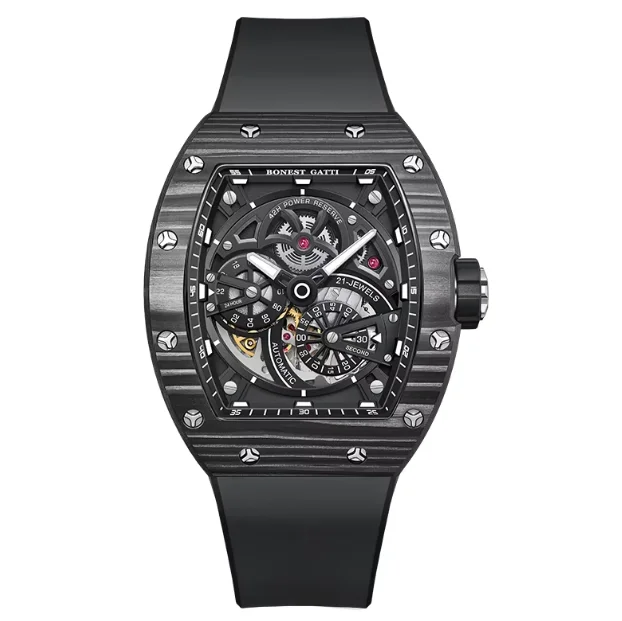 BONEST GATTI Men Automatic Watch 51mm Tonneau Carbon Fiber Mechanical Wristwatch Sapphire Luminous Skeleton 24 Hours Dial