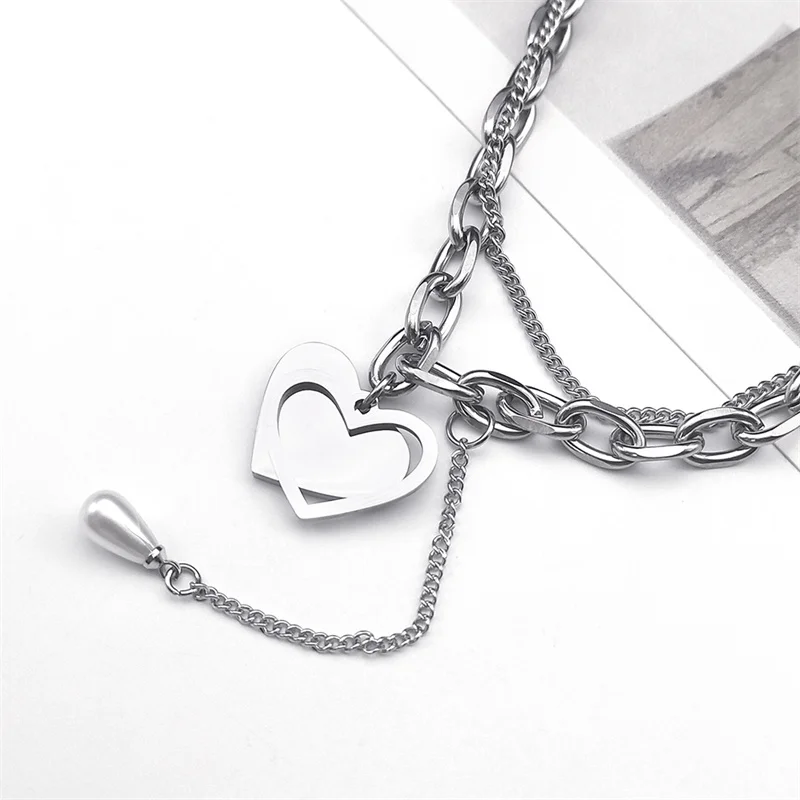 

Y2K Heart Pendant Tassel Necklace for Women Men Stainless Steel Sweet Cool Girl Layer Clavicle Chain Fashion Jewelry Party Gift