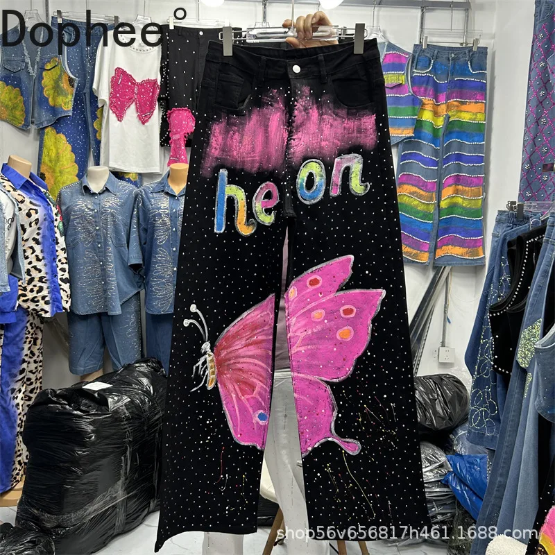 

Painted Butterfly Letters Hot Drilling Black Denim Trousers All-match Spring Autumn High Waist Straight Jeans Wide Leg Pants