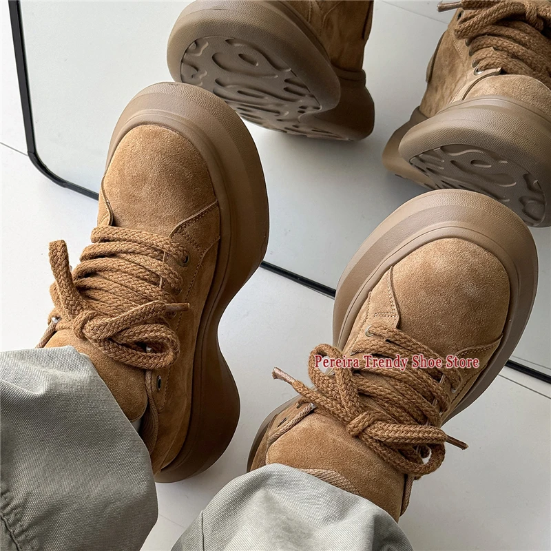 Retro Frosted Leather Plush Thick Soled Sneakers Autumn Winter Round Toe Lace-Up Casual Sports Shoes Trend Versatile Men's Shoes