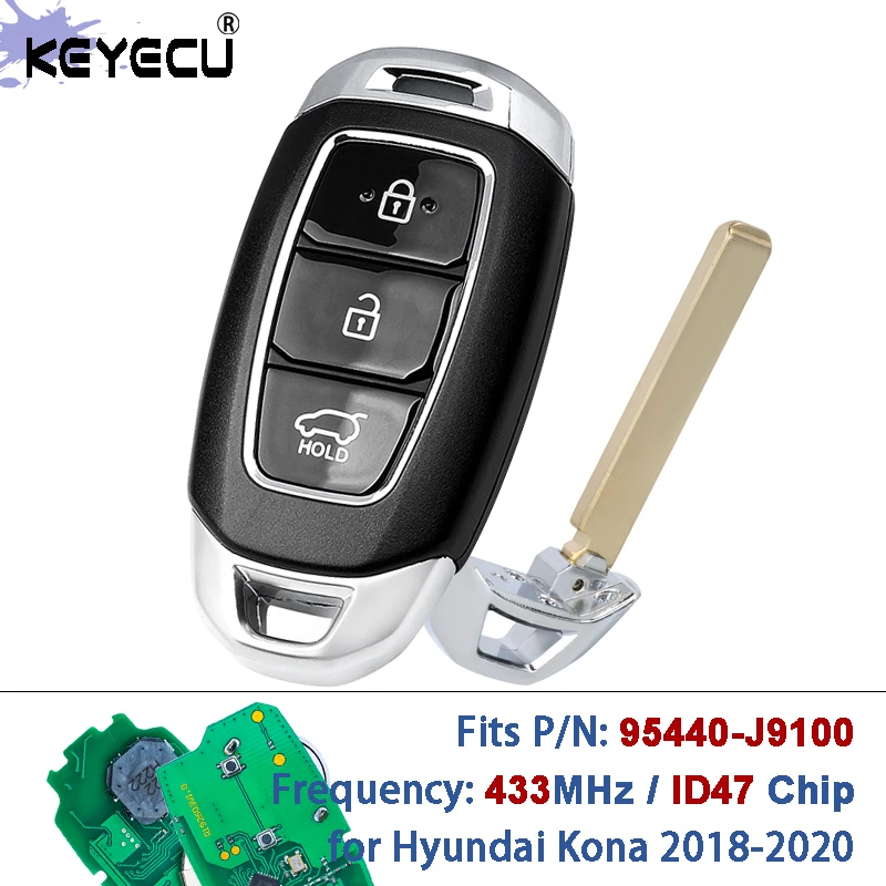 

KEYECU P/N: 95440-J9100 FCC ID: TFKB1G085 433.92MHz ID47 Chip Smart Remote Key Fob for Hyundai Kona 2018 2019 2020