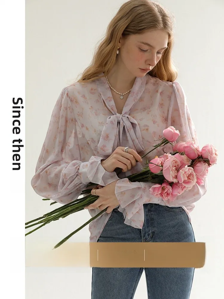

since Then Floral Print Chiffon Shirt Women's Spring Fashion Sweet Style Long Sleeve Knot Sash Vintage Atmosphere