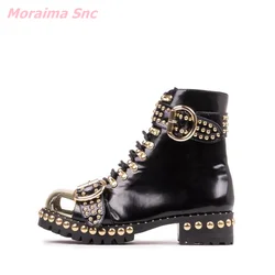 Round Toe Women Cool Boots Genuine Leather Belt Buckle Punk Mid-Calf Fashion Novelty Rivet Square Heel Comfortable Hot Sale