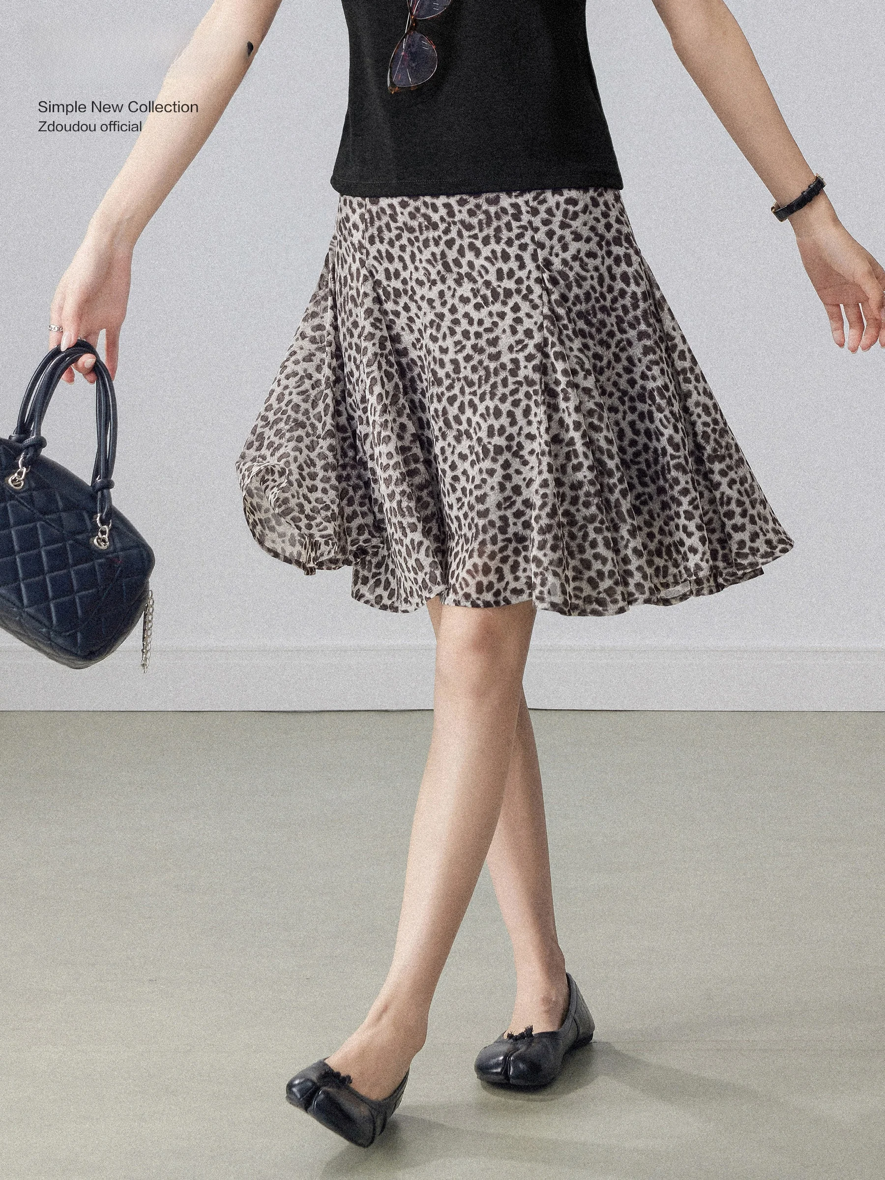 Zhang Dou Dou Leopard Print Half Skirt Women's Summer New High Waist Loose Draping A-Line Midi Skirt Floral Lace Hemline