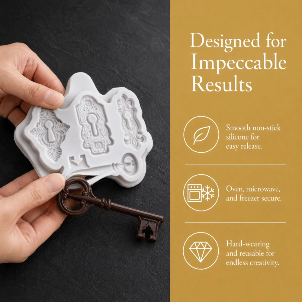 Gray Color Silicone Fondant Mold Fondant Compatible Steampunk Design Keyhole Cake Mold Lock And Key Mini Size