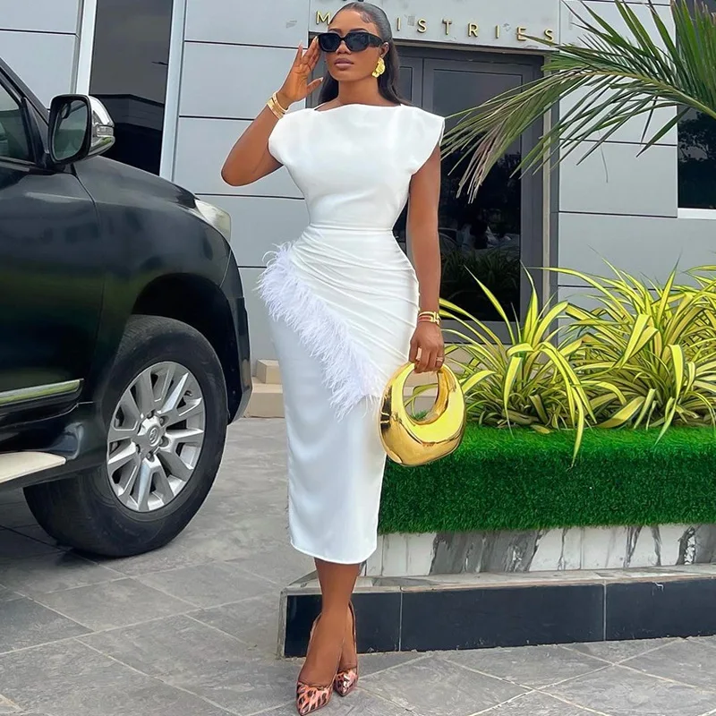 

SKMY Women Clothing 2025 Spring New Fashion Short Sleeve Solid Color Feather Patchwork Slimming Midi Dresses Party Clubwear