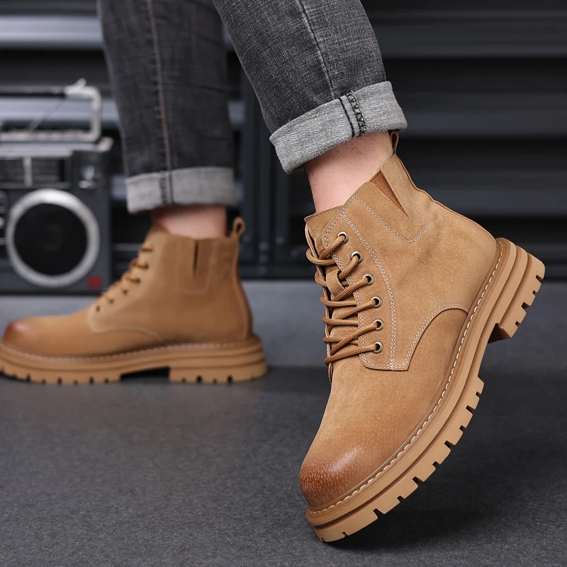 cow suede Leather Men boots Casual High Top Winter ankle Boot Men Footwear Fur Plush warm Motorcycle Boots Zapatos Hombre