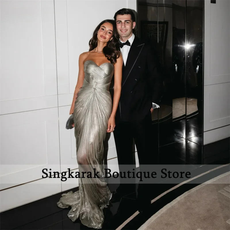 Custom Strapless Silver Pleated Mermaid Evening Dress Floor Length Elegant Prom Dress Formal Graduation Homecoming Gown