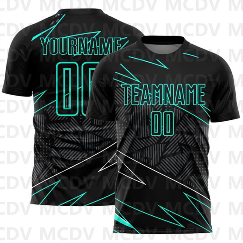 Custom Black Aqua Lines Sublimation Soccer Uniform Jersey Personalized Team Name You Name Number T-Shirts