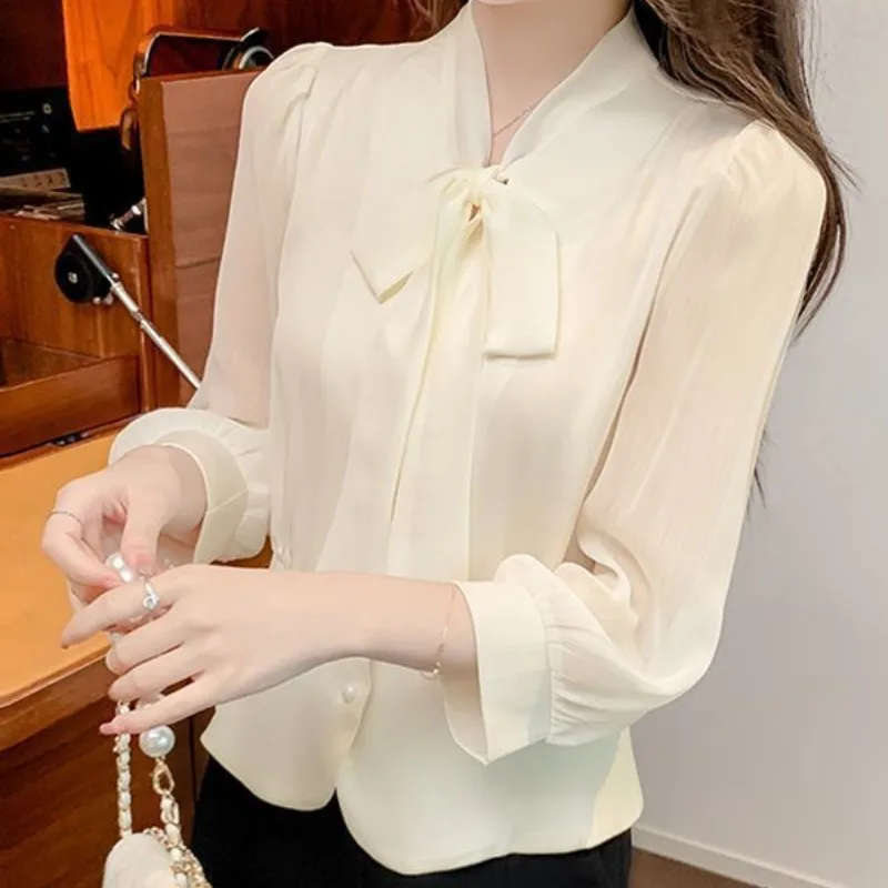 Spring Autumn New Simplicity Commute Solid Color Blouses V-Neck Drawstring Bow Loose Single-breasted Long Sleeve Women\'s Shirts