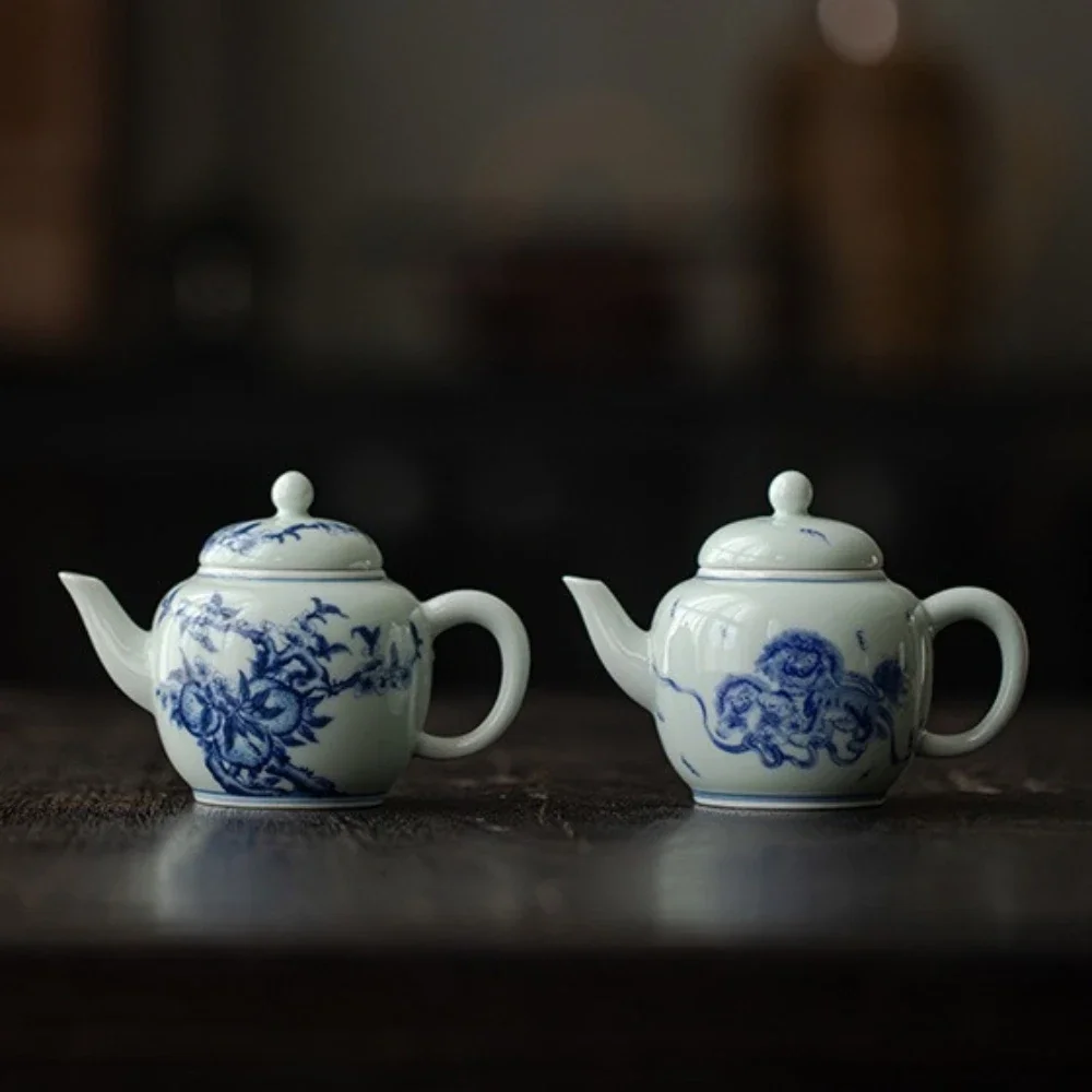 150ML Antique Blue and White Longevity Peach Teapot Ceramic KungFu TeaSet Household Small Teapot Ball Hole Filter Chinese Teapot