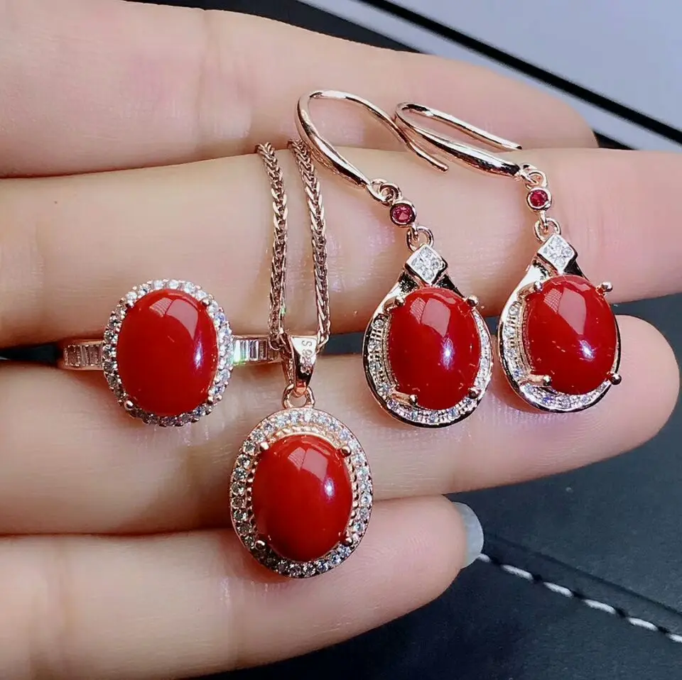 

MeiBaPJ Big Natural Coral Gemstone Fine Wedding Jewelry Sets for Women 925 Pure Silver Earrings Ring Pendant Necklace 3 Suits