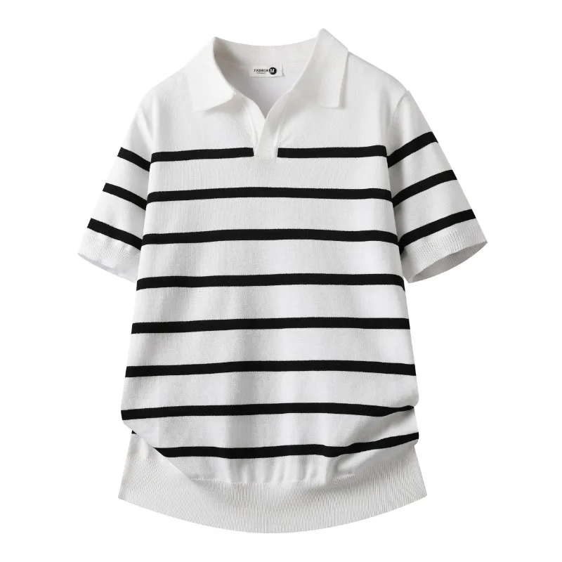Men Old Money Style Seagull Striped V Neck Ice Silk Knit Short Sleeve Polo Shirt Summer Casual Tops