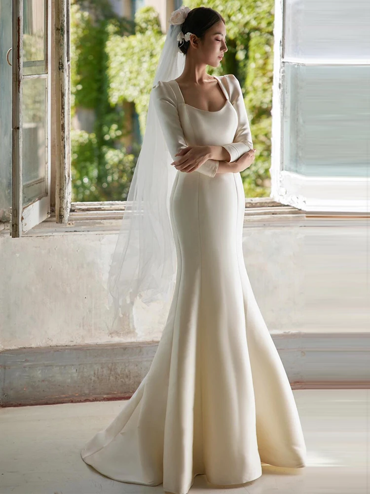 

Элегантное свадебное платье с длинными рукавами из легкого атласа, фасон «русалка», белое, для помолвки