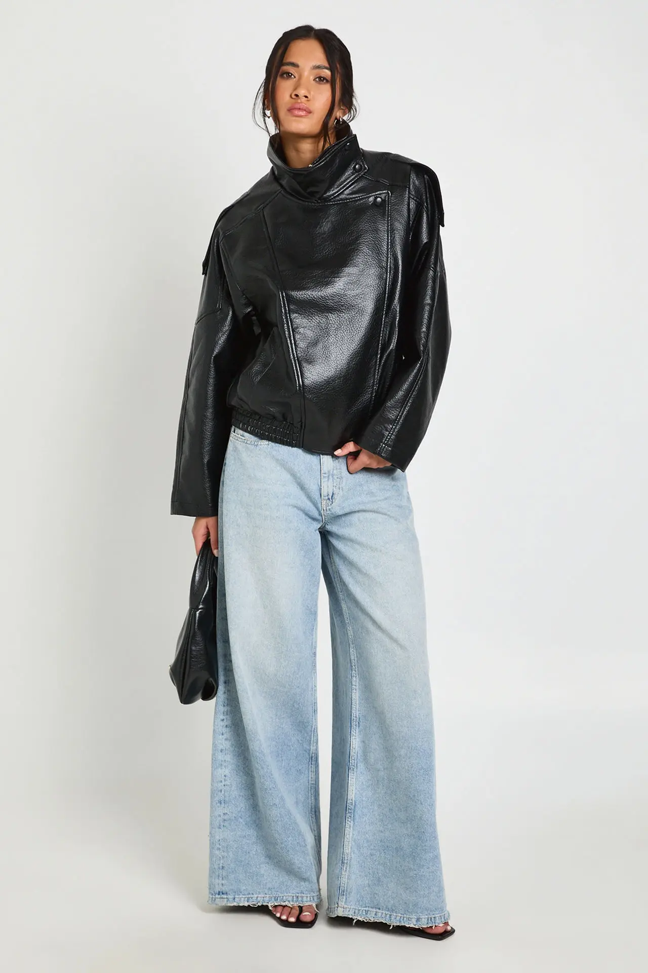 Zip-Up Long Sleeve Coats Motorcycle Jackets Faux Leather Black Jackets For Woman New Arrival Cropped Oversize Bomber Jacket