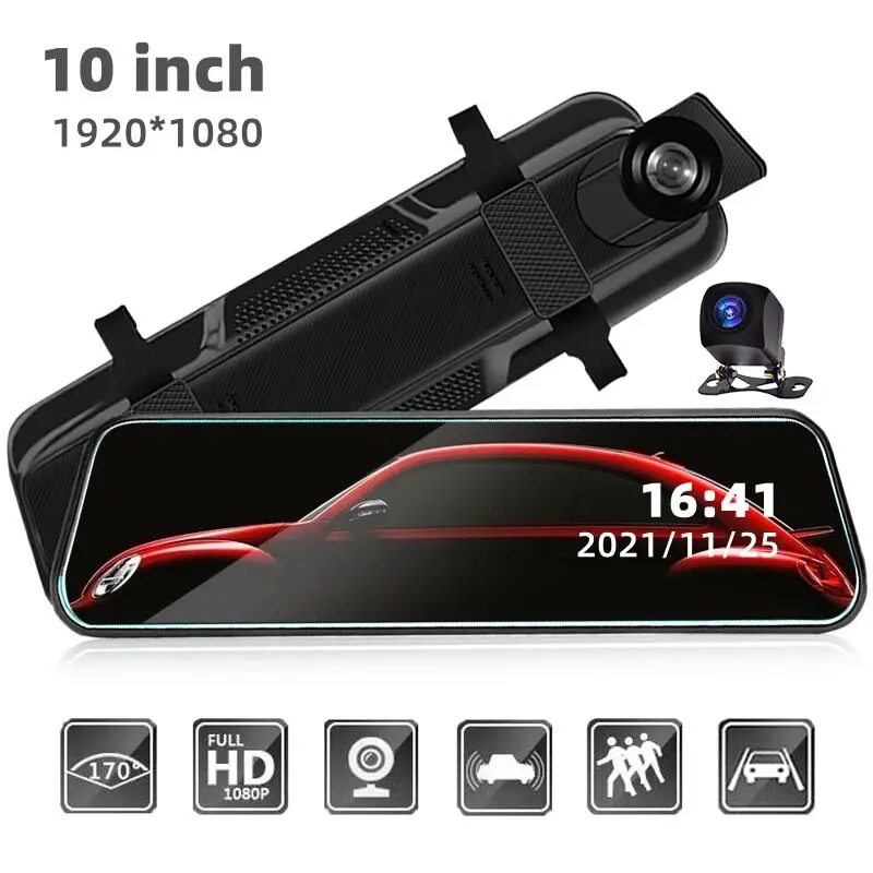 

Car 10-inch video recorder full-screen streaming media driving recorder HD 1080P dual-lens rearview mirror DVR recorder