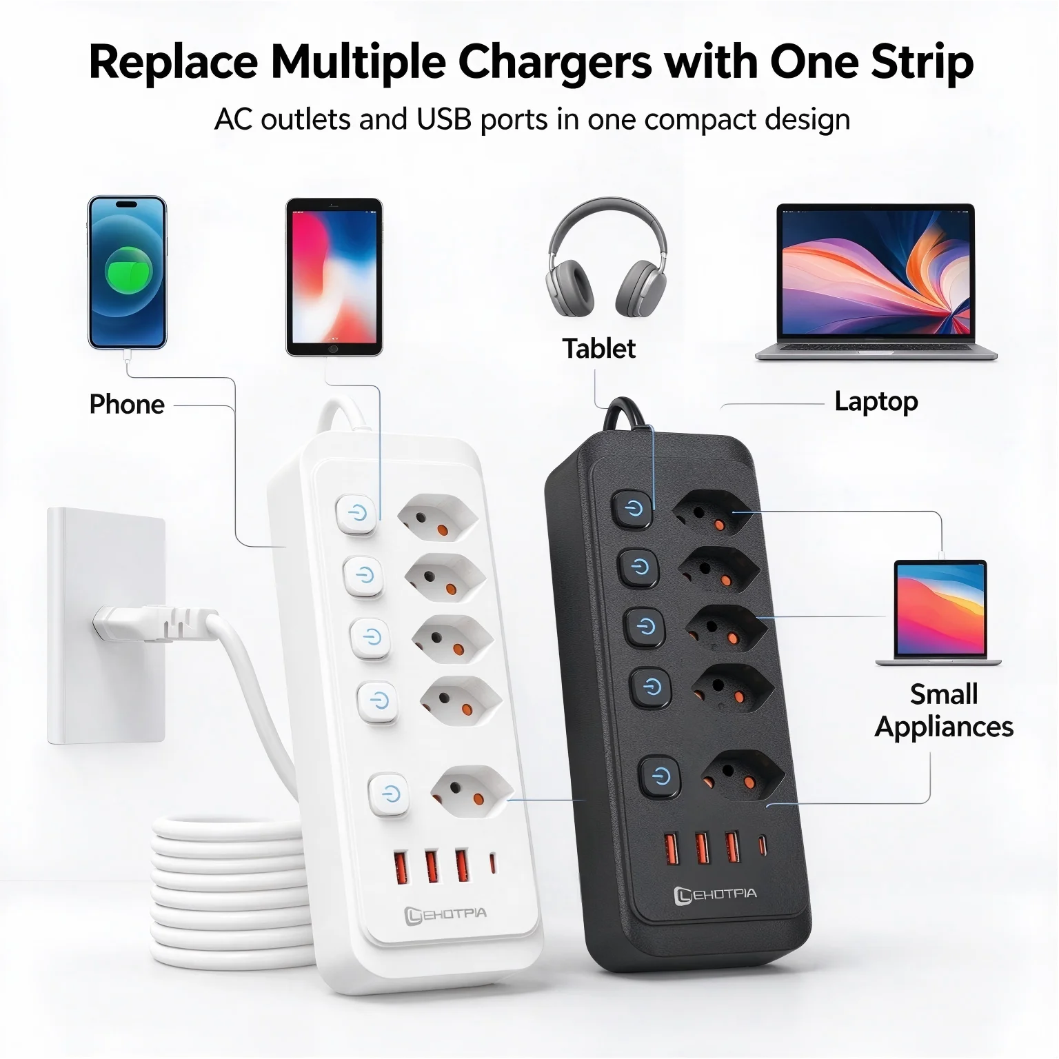 Power Strip With Individual Switches 5 AC Outlets 4 USB Ports 1.8m Extension Cord 2500W Max For Home Office Dorm Bedroom Use