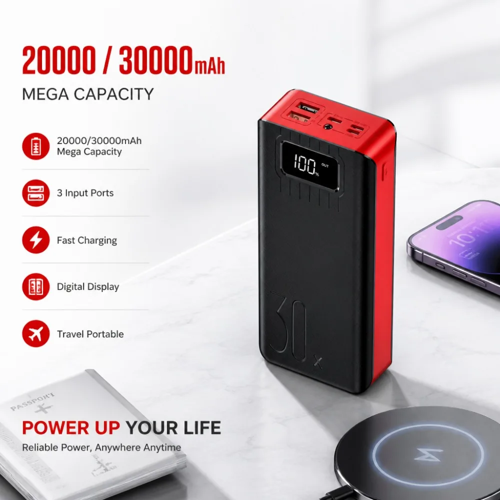20000/30000mAh Power Bank, 3 Input Fast Charging Travel Battery w/ Digital Display, High Capacity Charger for iPhone Samsung