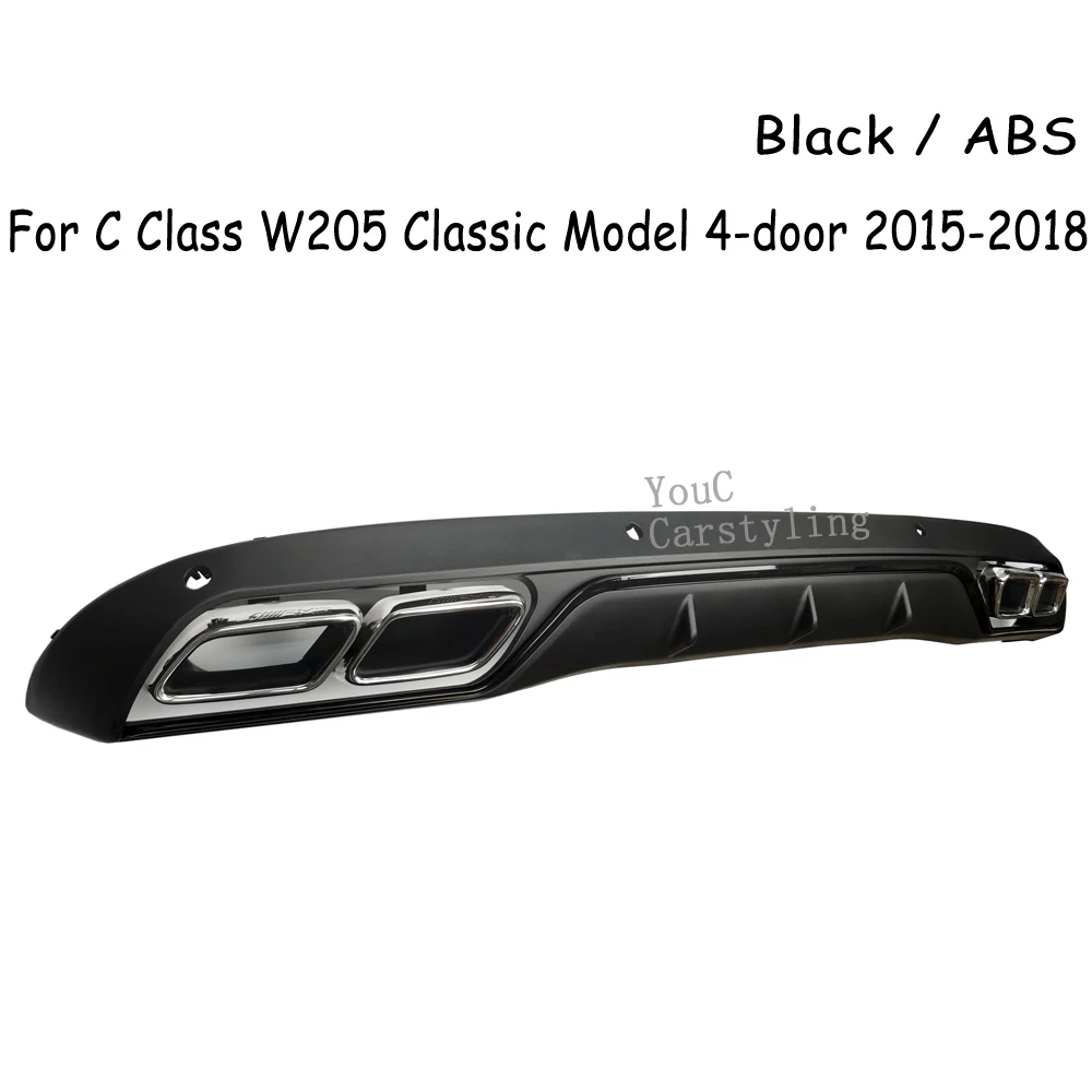 W205 AMG Style Rear Diffuser with 304 Stainless Steel 4-outlet Exhaust Tips For Mercedes C Class W205  C300 C350 2015-2018