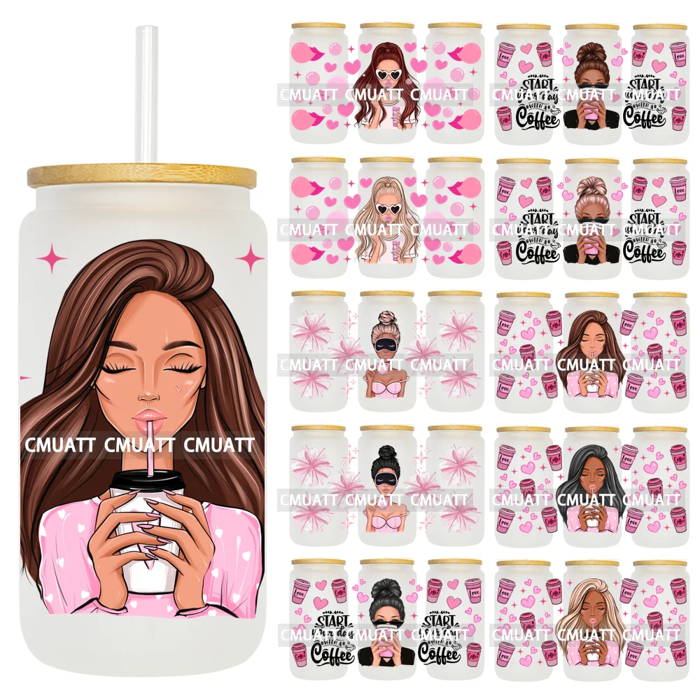 Meisje Start Je Dag Met Een Koffie Bubble Uv Dtf Sticker Duurzame Waterdichte Zelfklevende Wrap Transfer Printing Voor 16Oz Libbey Glas