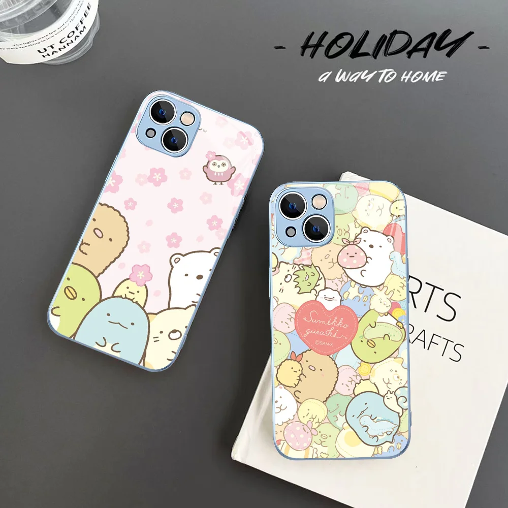 Cartoon S-Sumikko G-Gurashi Phone Case Tempered Glass For iphone 14 13 12 11 Pro Mini XS MAX 14Plus X XS XR Fundas