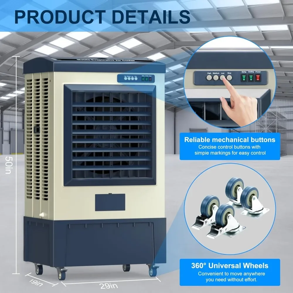 6500 CFM evaporative air cooler, 19 gallon water tank outdoor air conditioning, suitable for indoor and outdoor garages