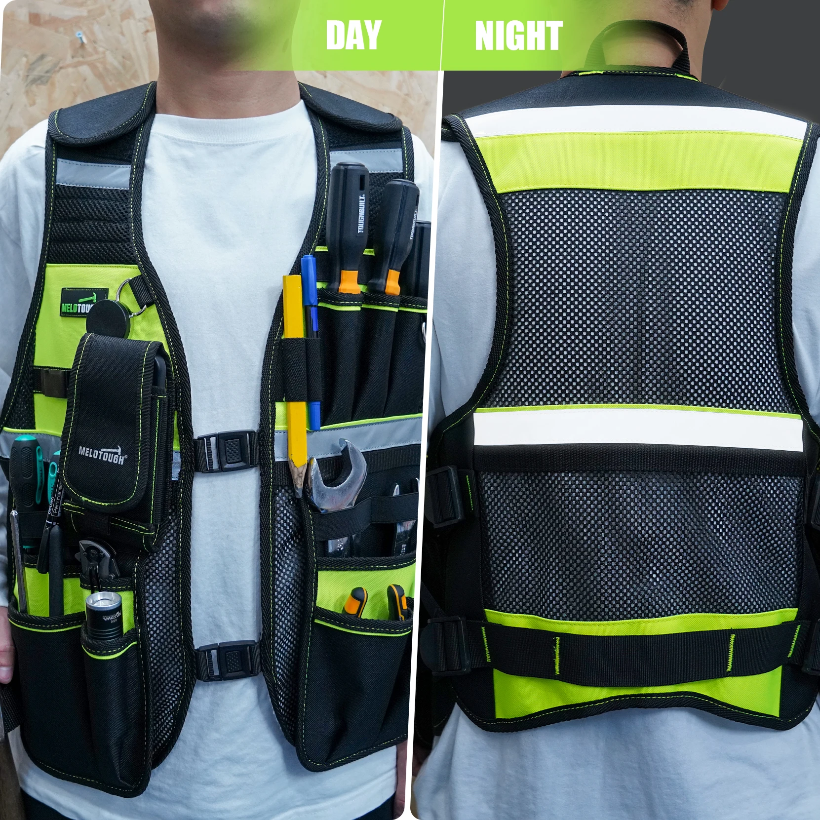 Gilet per attrezzi MELOTOUGH gilet riflettente per attrezzi di sicurezza con supporto per telefono rimovibile per elettricista, carpentiere,