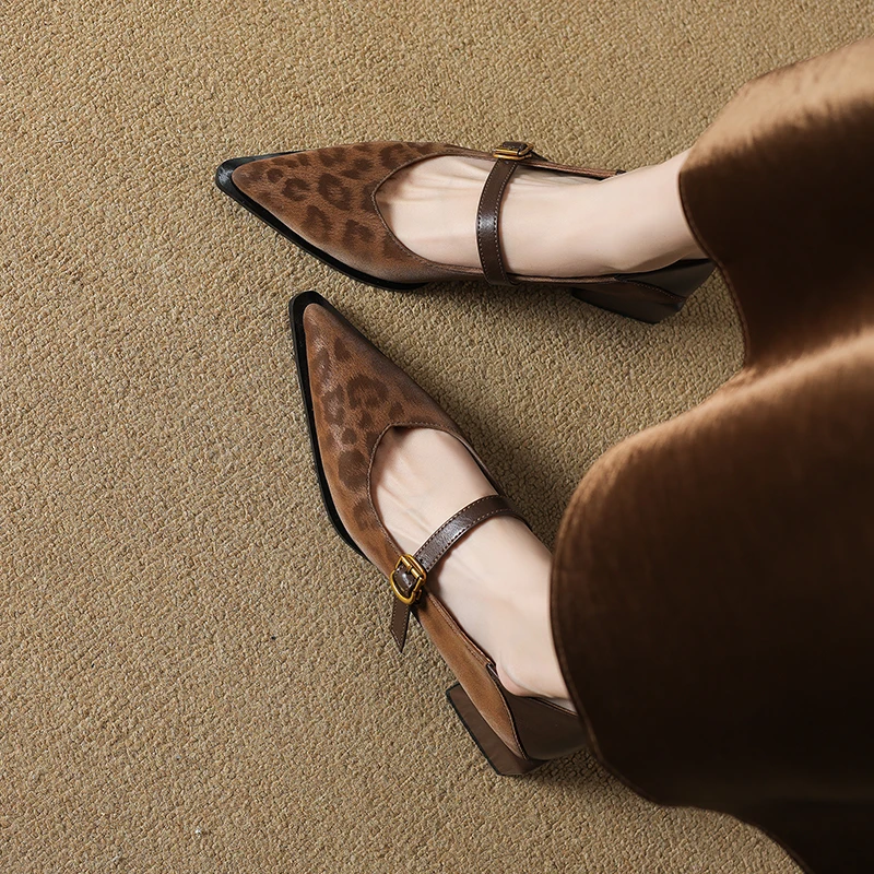 

Genuine Leather Leopard Print Pointed Toe Chunky Heel Mary Jane Shoes for Women
