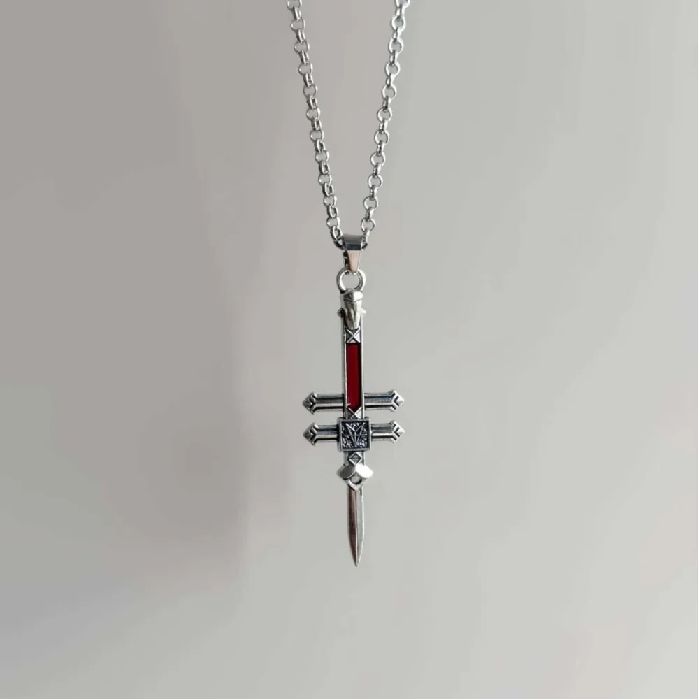 New Gothic Blood Stain Sliver Color Word Blade Embossed Dark Runes Cross Pendant Necklace for Women Men Halloween Collar Jewelry