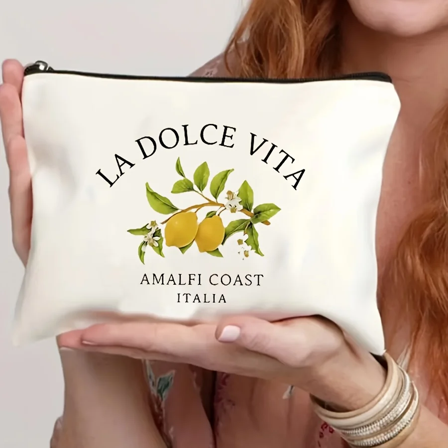 La Dolce Vita Amalfi Coast Italia Zipper Pouch Italian Lemon Print Cosmetic Bag for Women Beach and Travel Toiletry Organizer
