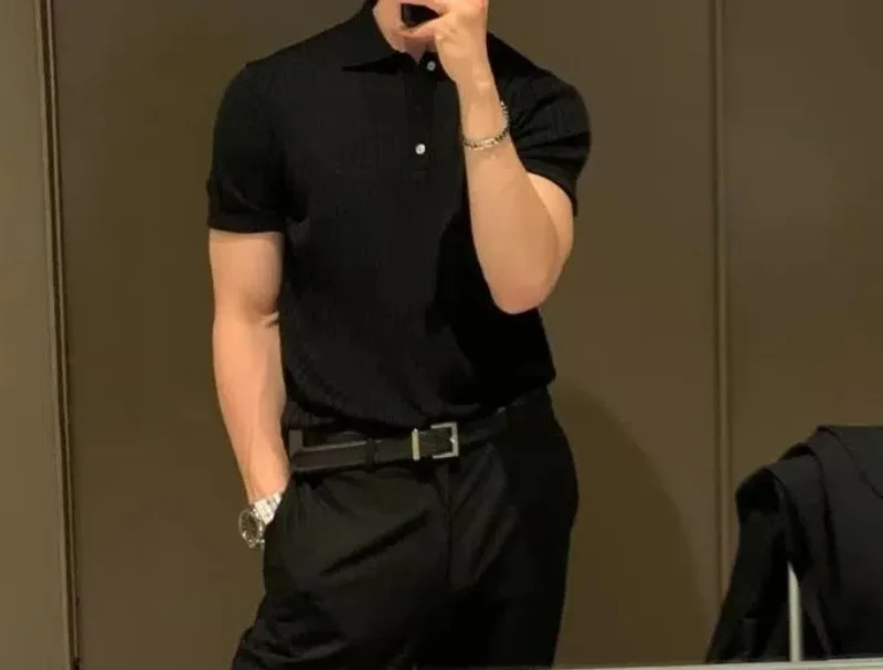 Korean Style New Men\'s Summer Collar Solid Color Casual Thin Knitted Top Men\'s Fashionable Slim Fit Short Sleeved Shirt