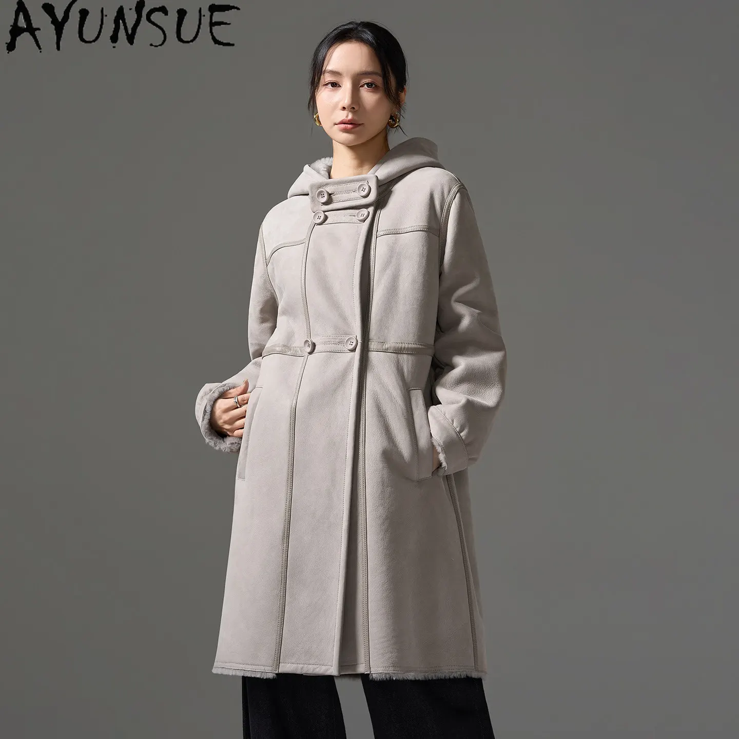 AYUNSUE Natural Merino Sheep Fur Coat Woman Loose Fit Warm Fur Coats Hoodie Real Leather Jacket Women Clothes Fashion Mid-long