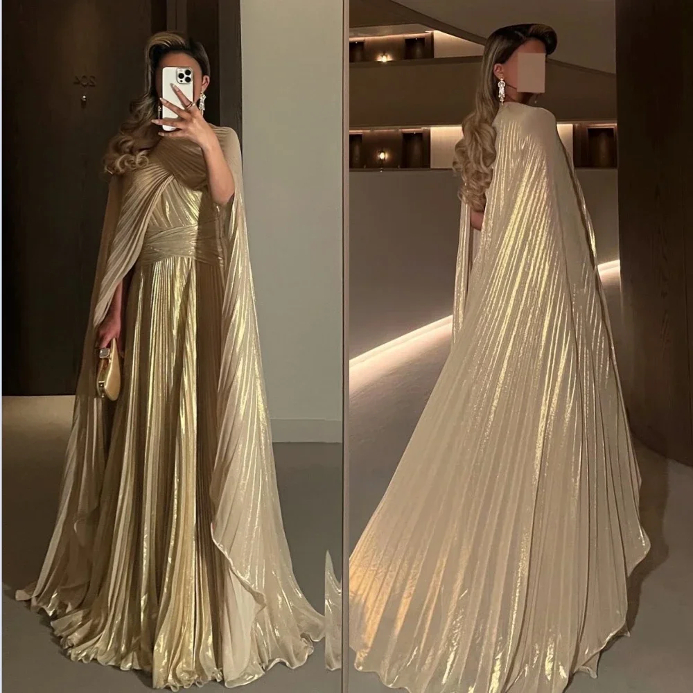 

Customized Fashion Draped Pleat Floor-length Evening Dresses For Women A-line O Neck Long Wedding Guest Dress Women Elegant Luxu