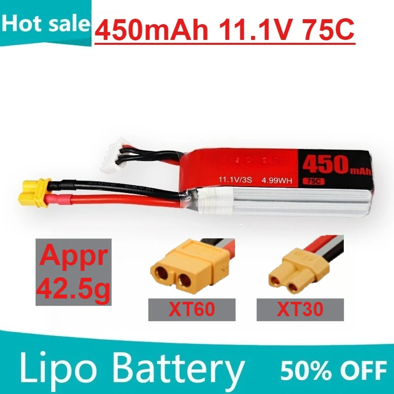 

450mAh 3S 11.1V 75C LiPo Battery XT30/XT60 Plug for Model Aircraft for RC Helicopter Quadcopter FPV Racing Drone