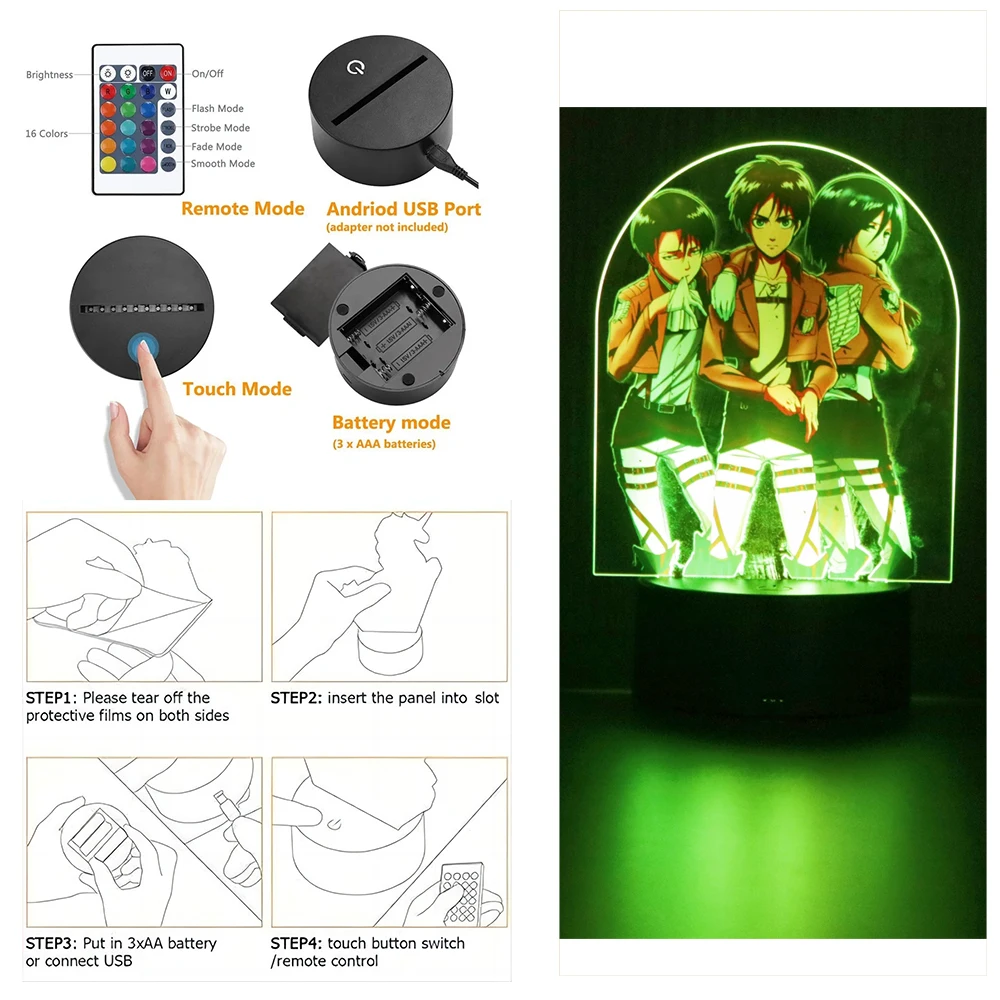 3D Lamp Anime Attack on Titan LED Night Light Levi Action Figures Remote Control NightLight Decoration Bedroom Kids Toys Gifts