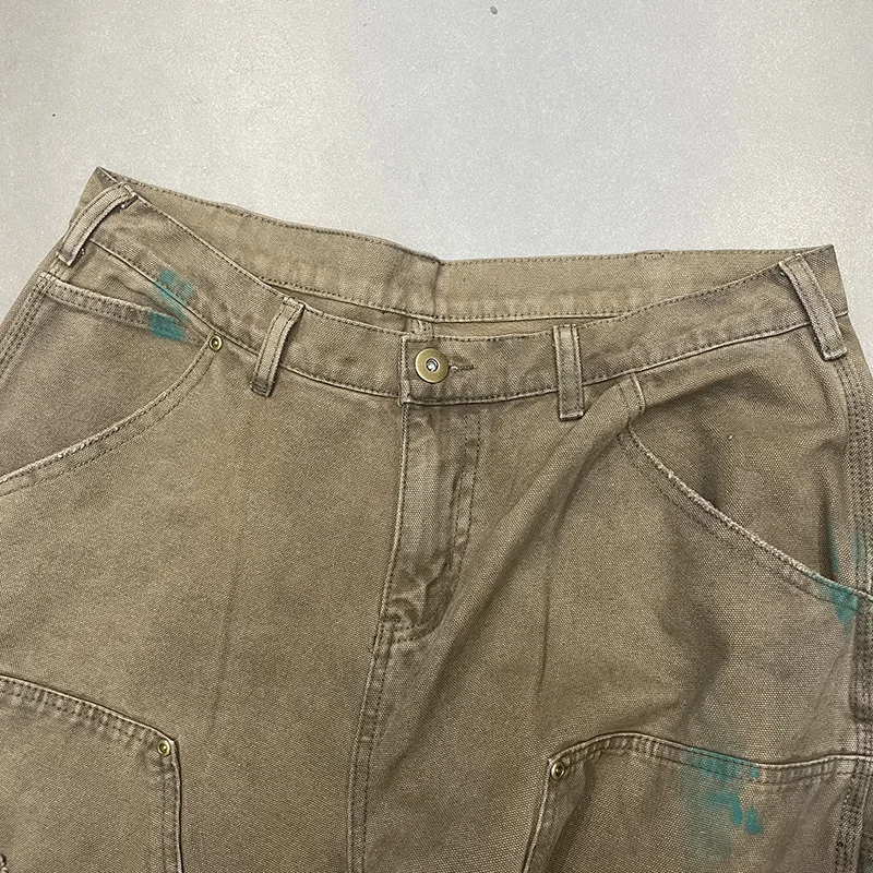 الثقيلة النسيج قماش رش الحبر سانت البضائع السراويل الرجال النساء شارع العليا خمر الكاكي التالفة قطع التصحيح الربط بنطلون