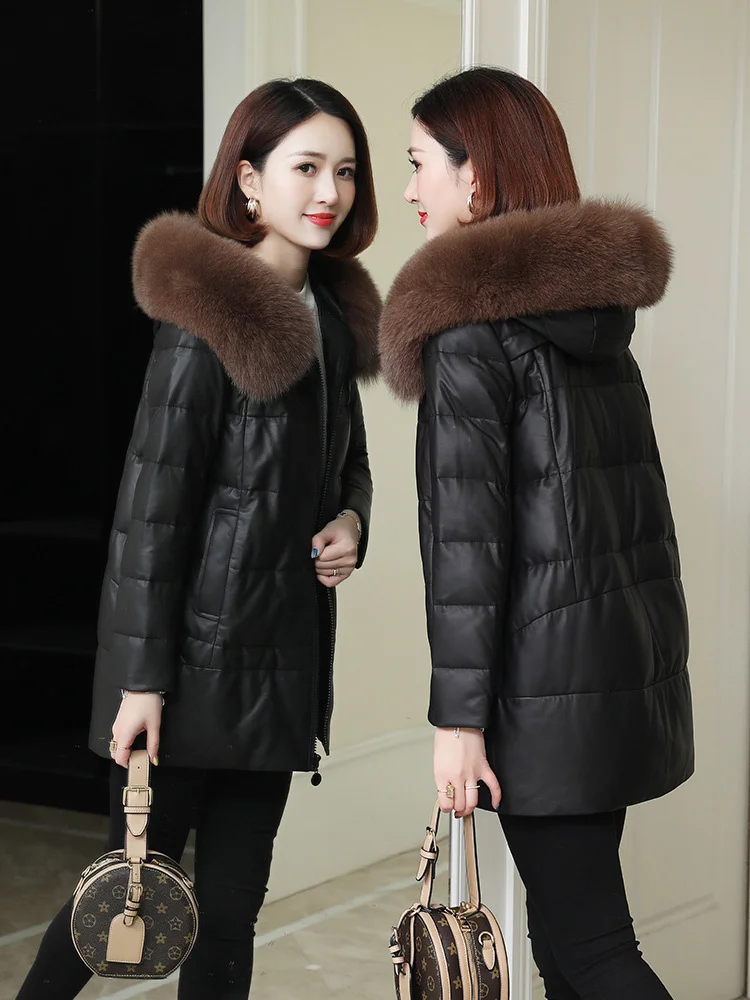 2023 New Real Sheepskin Leather Jacket Women 90% White Duck Down Women's Winter Jackets Fox Fur Collar Hooded Coat Fem