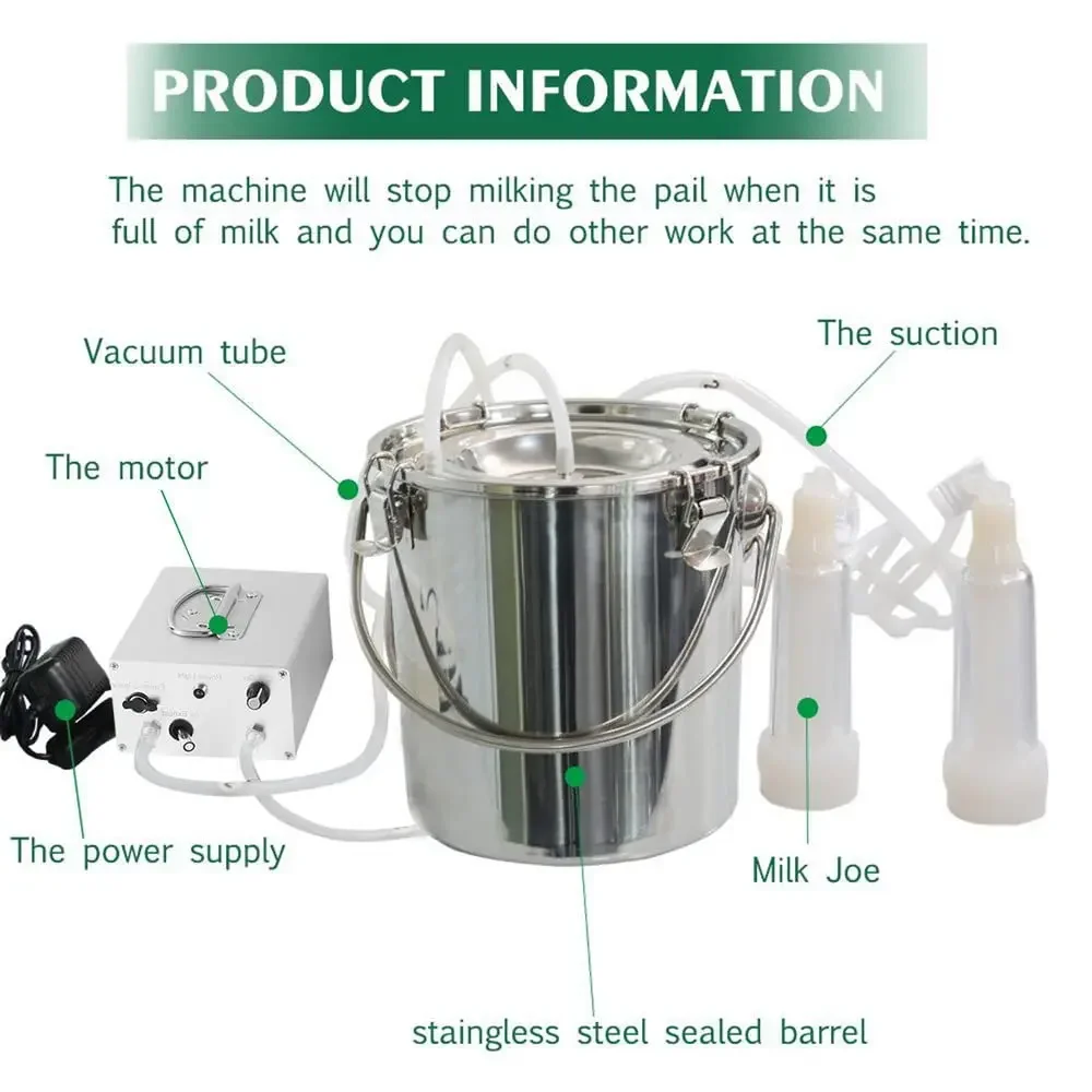 Machine à traire pour chèvre avec 2 seaux en acier inoxydable, trayeur à batterie aste, pompe à vide à pulsation 62, standardisation de tétine, 3L